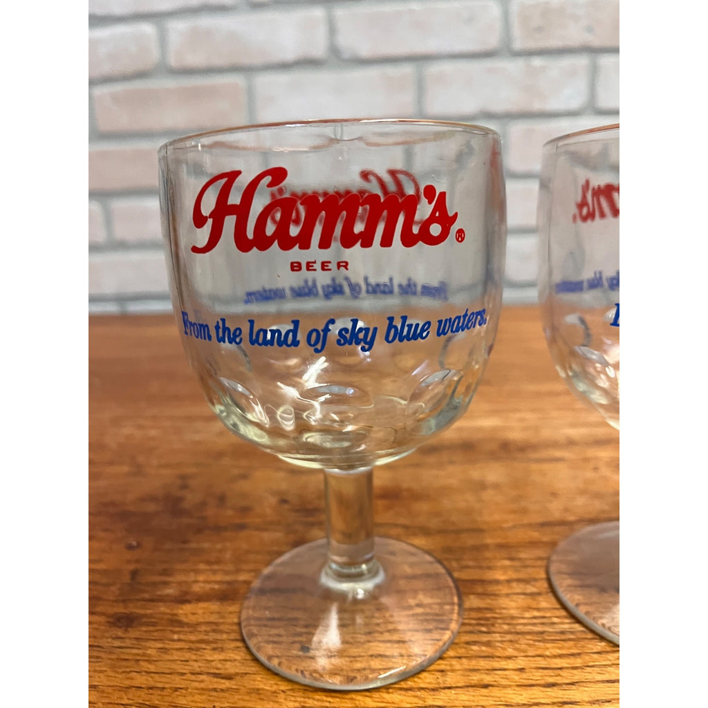 Vintage Pair Hamm’s Beer Goblet Thumbprint Heavy Stemmed Schooner Glass 6" Barware