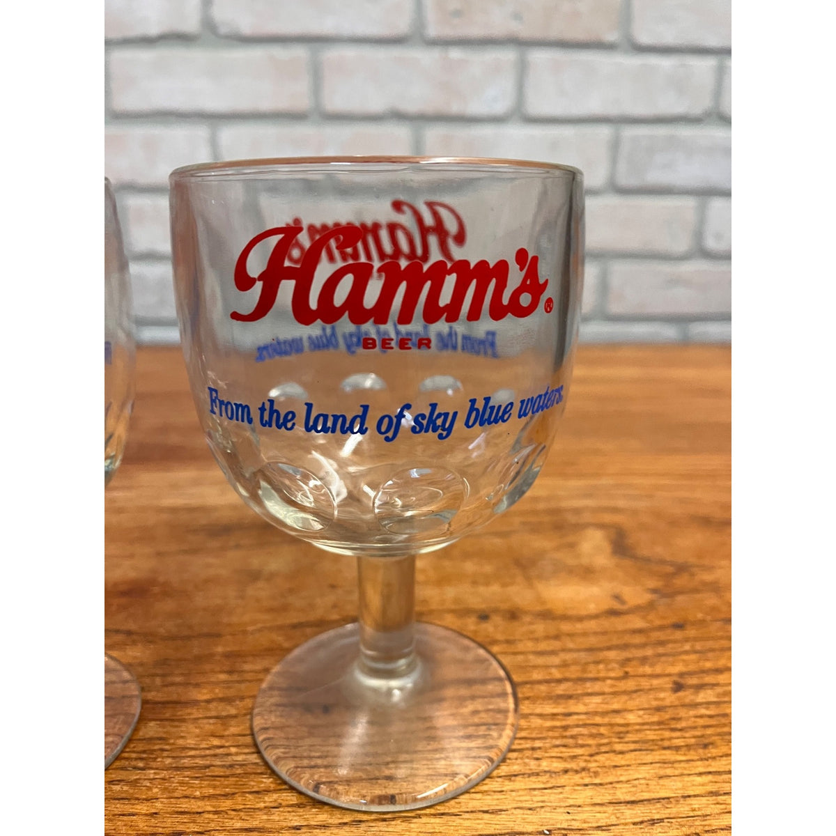 Vintage Pair Hamm’s Beer Goblet Thumbprint Heavy Stemmed Schooner Glass 6" Barware