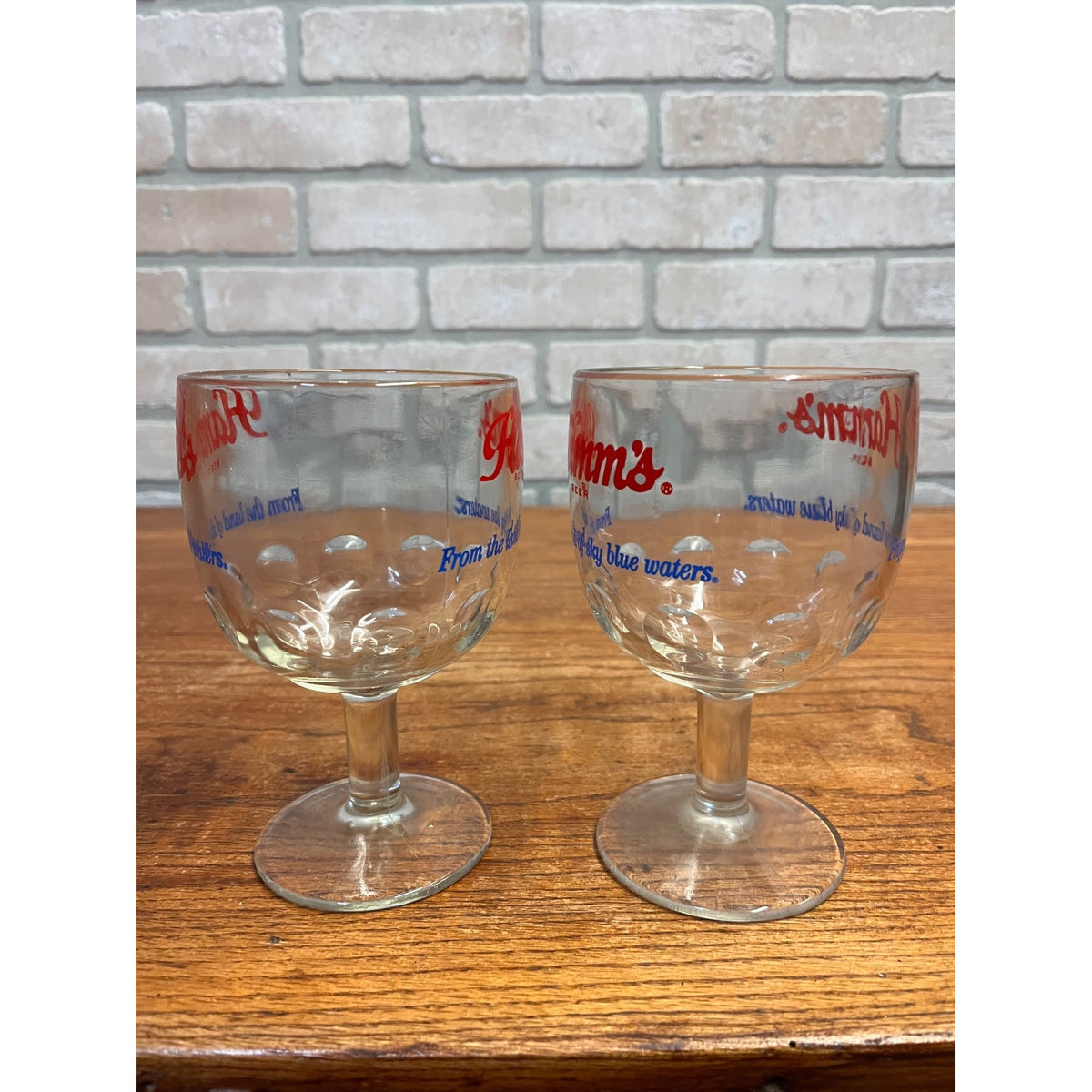 Vintage Pair Hamm’s Beer Goblet Thumbprint Heavy Stemmed Schooner Glass 6" Barware