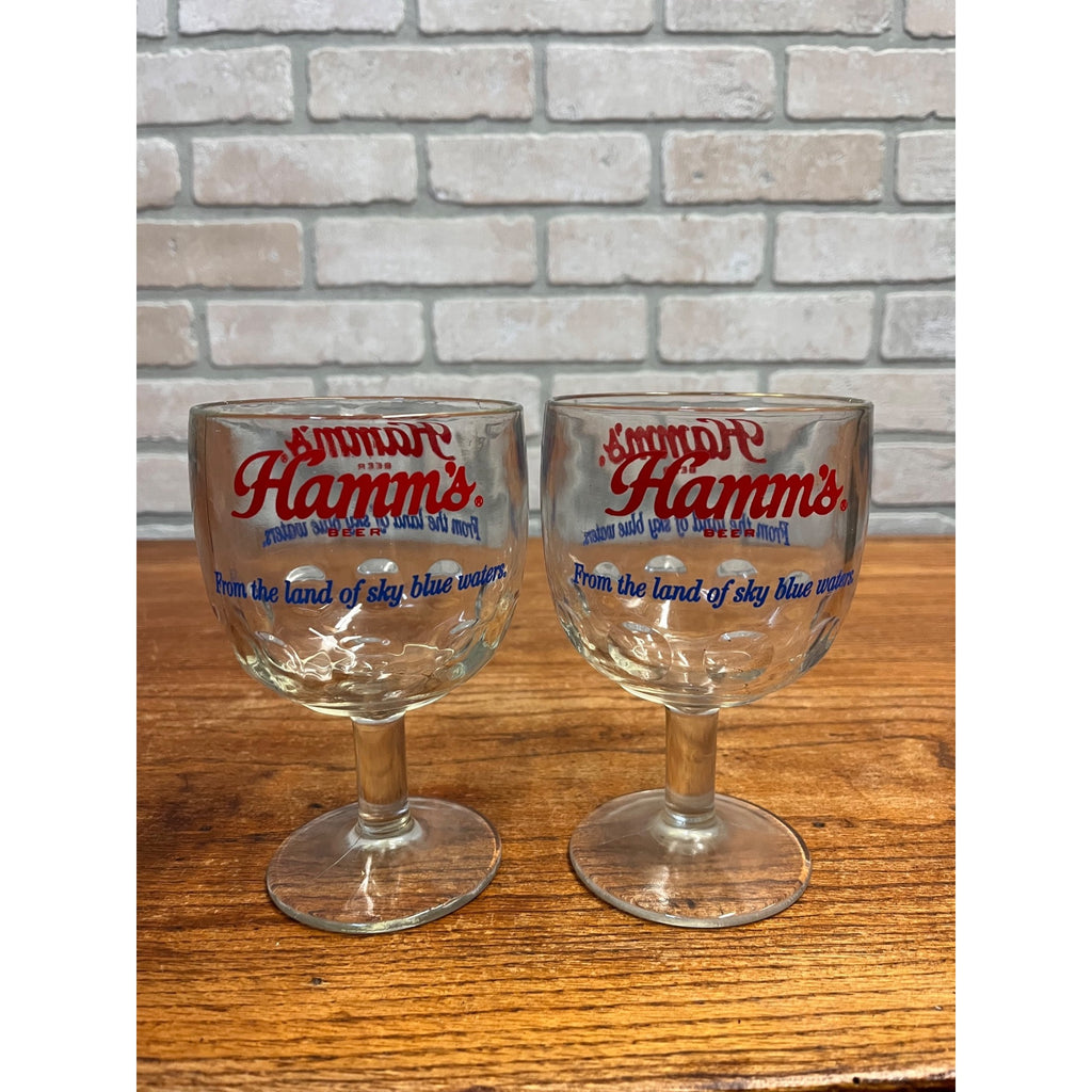 Vintage Pair Hamm’s Beer Goblet Thumbprint Heavy Stemmed Schooner Glass 6" Barware