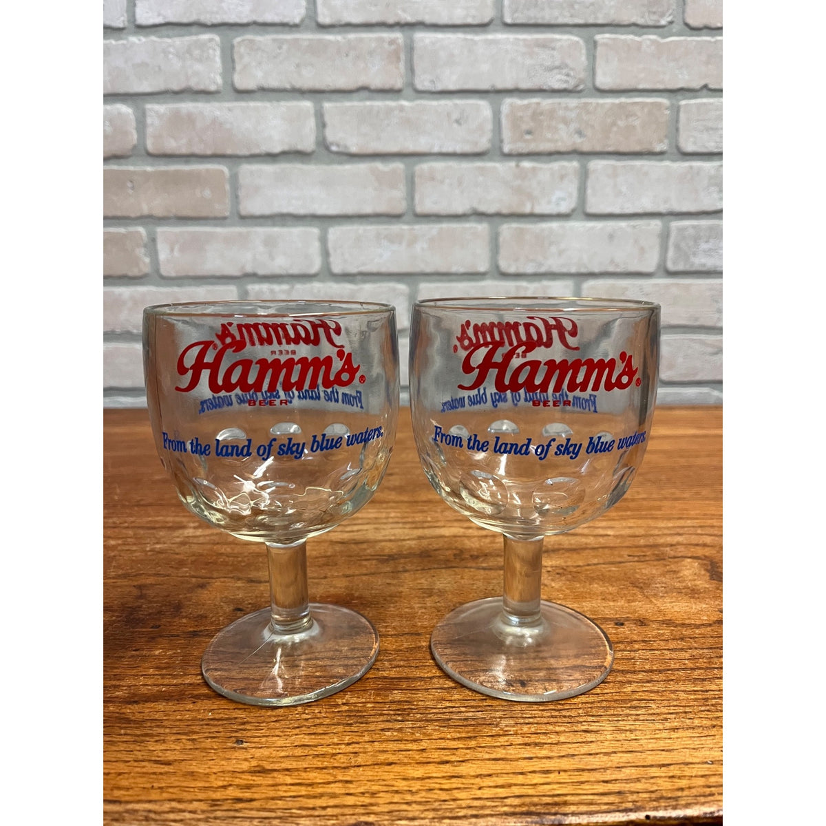 Vintage Pair Hamm’s Beer Goblet Thumbprint Heavy Stemmed Schooner Glass 6" Barware