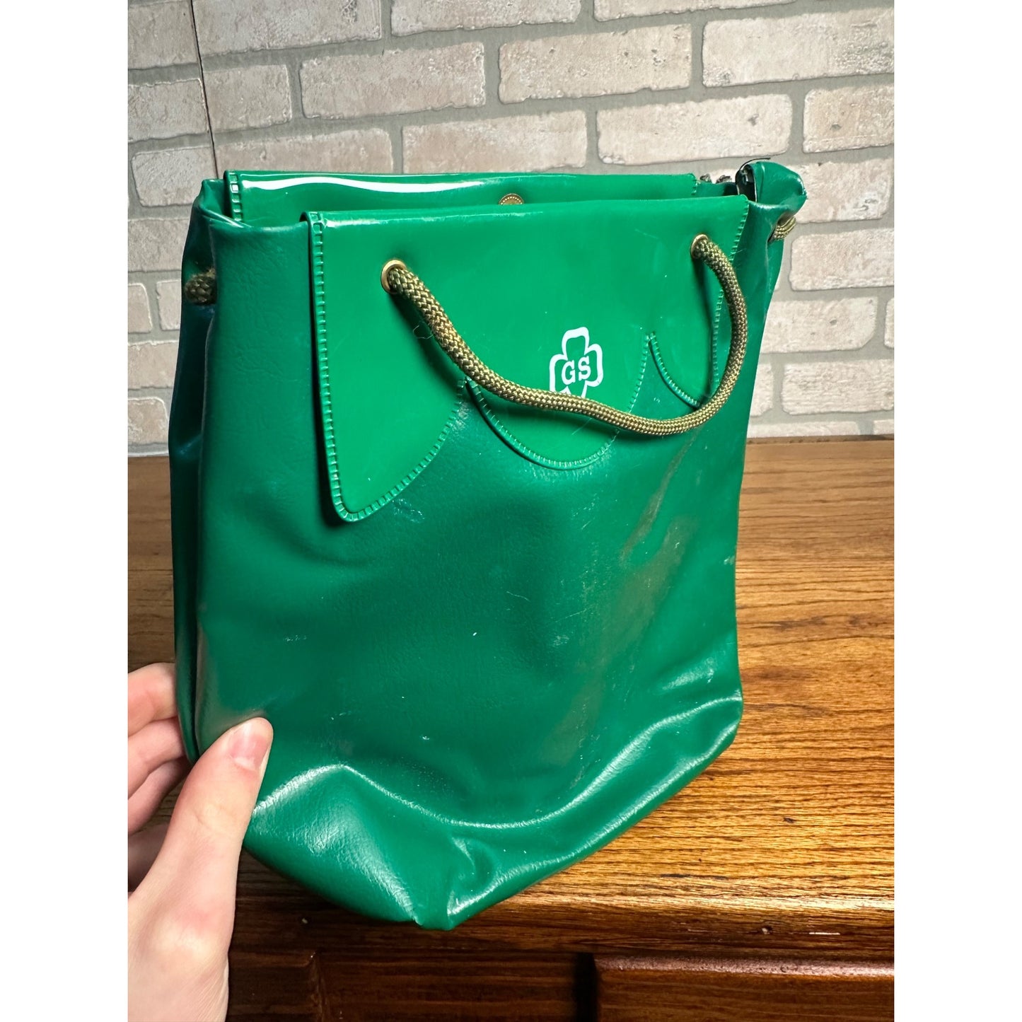 1950's 60's Vintage Rare Girl Scout Green Vinyl Bucket Lunch Box Bag