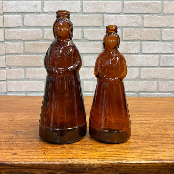 Vintage Mrs Buttersworth Maple Syrup Amber Glass Bottles Lot (2) 10" & 11"