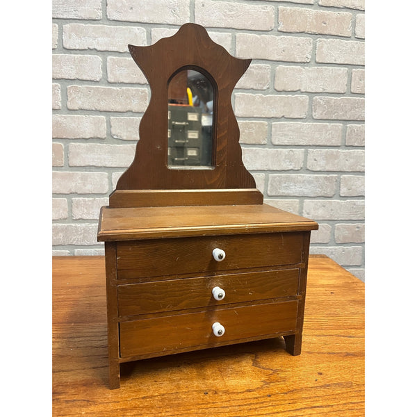 Vintage Miniature Wooden Jewelry Chest Dresser Mirror 3 Drawer Trinket Cabinet