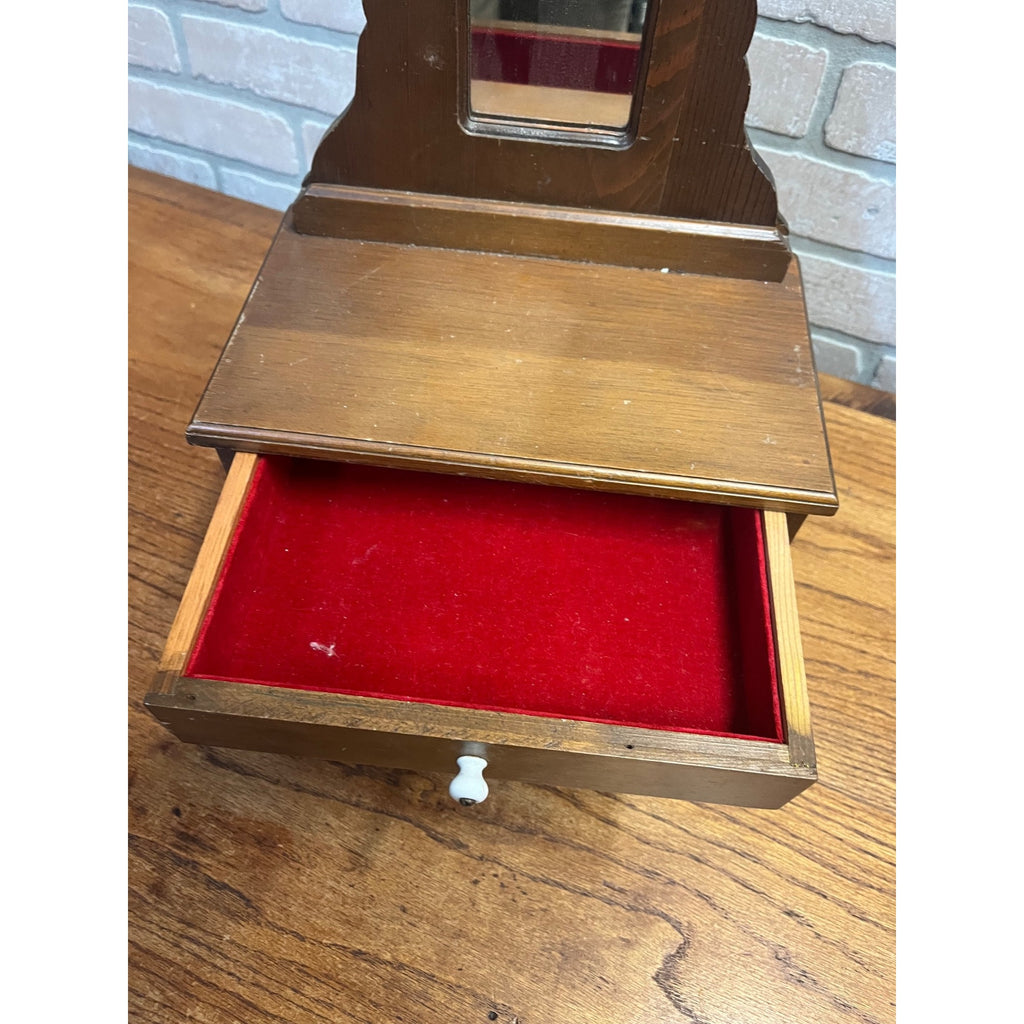Vintage Miniature Wooden Jewelry Chest Dresser Mirror 3 Drawer Trinket Cabinet