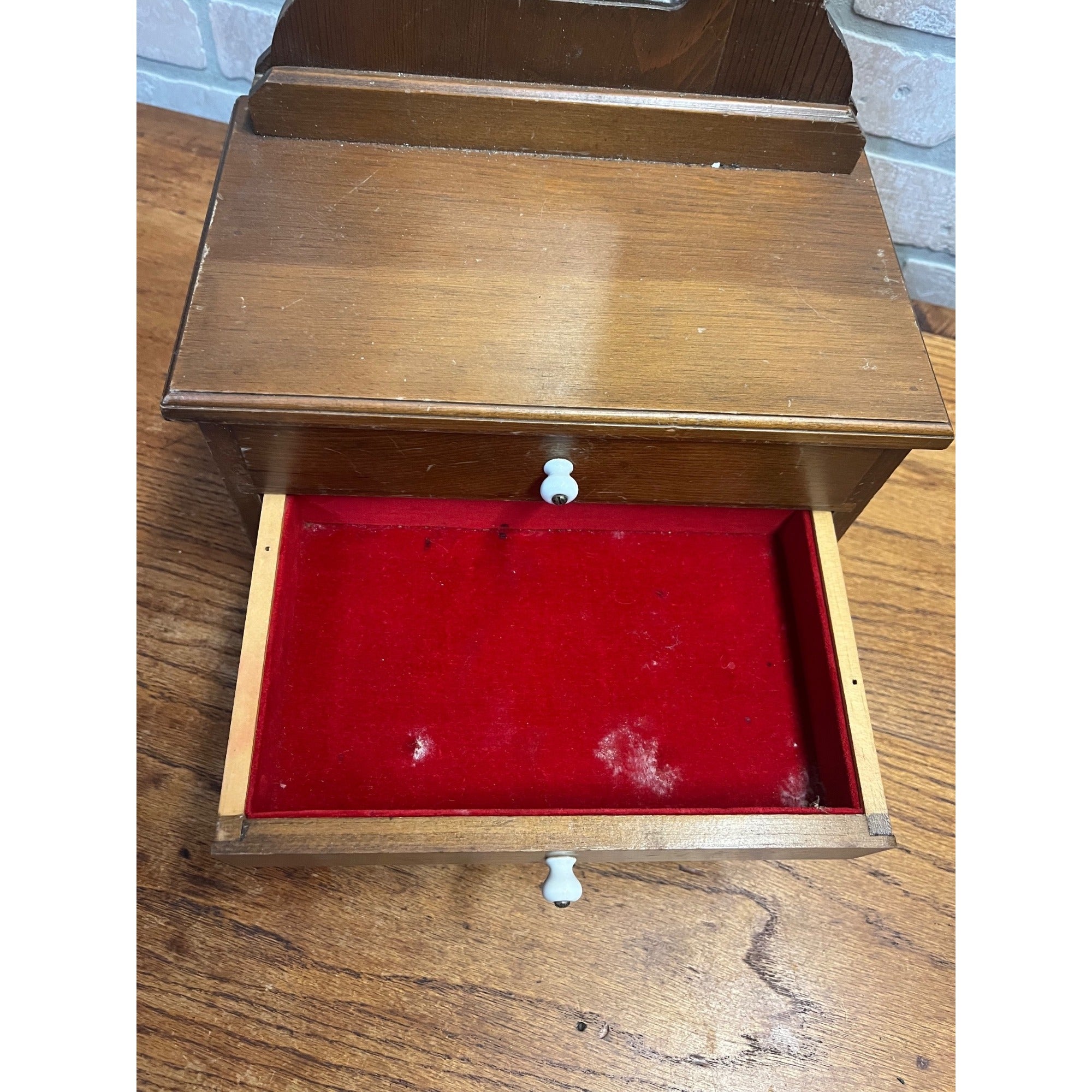 Vintage Miniature Wooden Jewelry Chest Dresser Mirror 3 Drawer Trinket Cabinet
