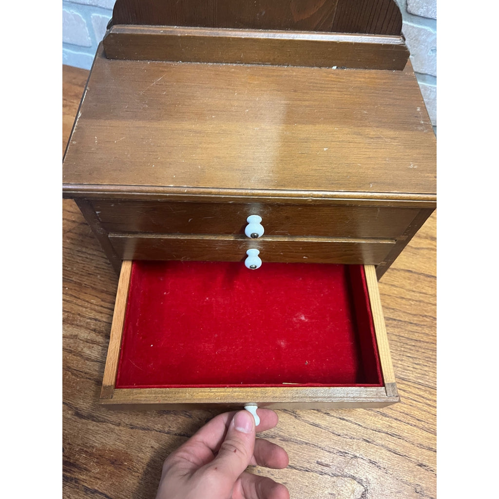 Vintage Miniature Wooden Jewelry Chest Dresser Mirror 3 Drawer Trinket Cabinet