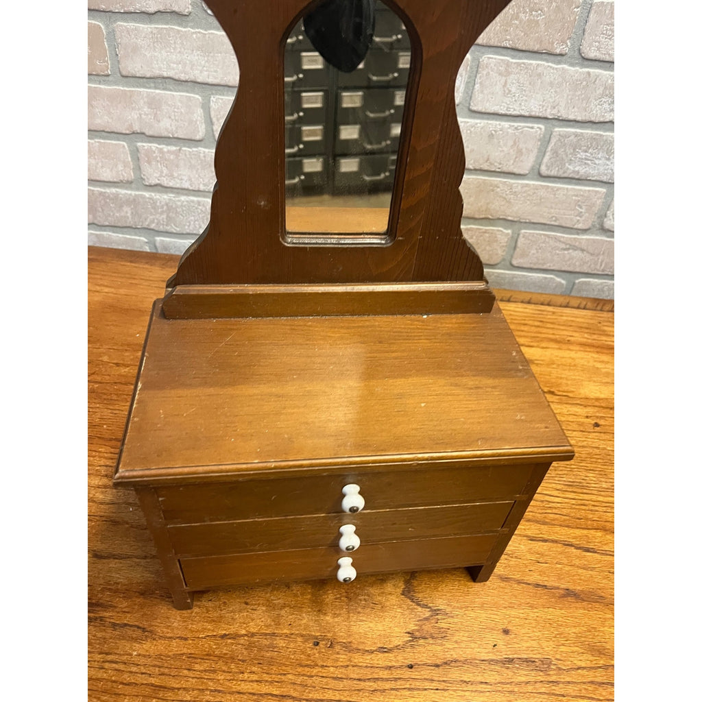 Vintage Miniature Wooden Jewelry Chest Dresser Mirror 3 Drawer Trinket Cabinet