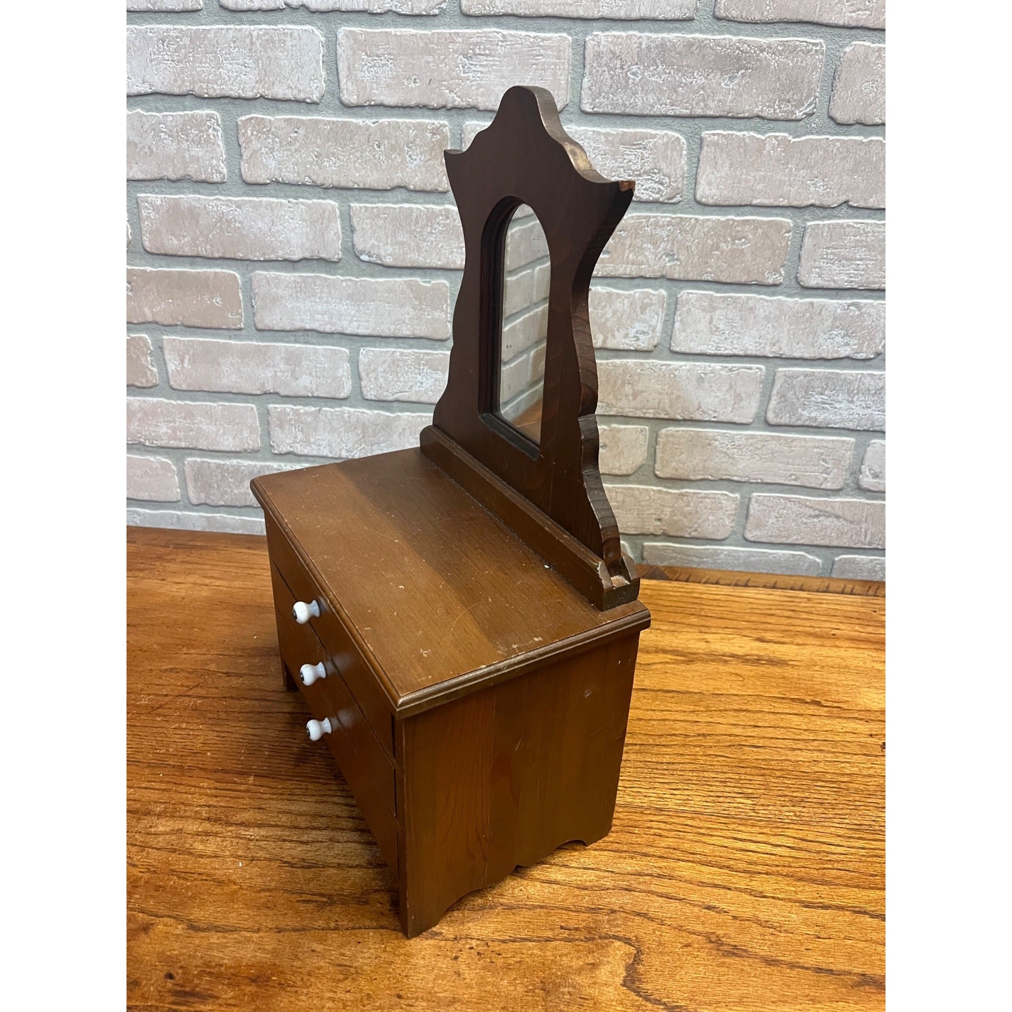 Vintage Miniature Wooden Jewelry Chest Dresser Mirror 3 Drawer Trinket Cabinet
