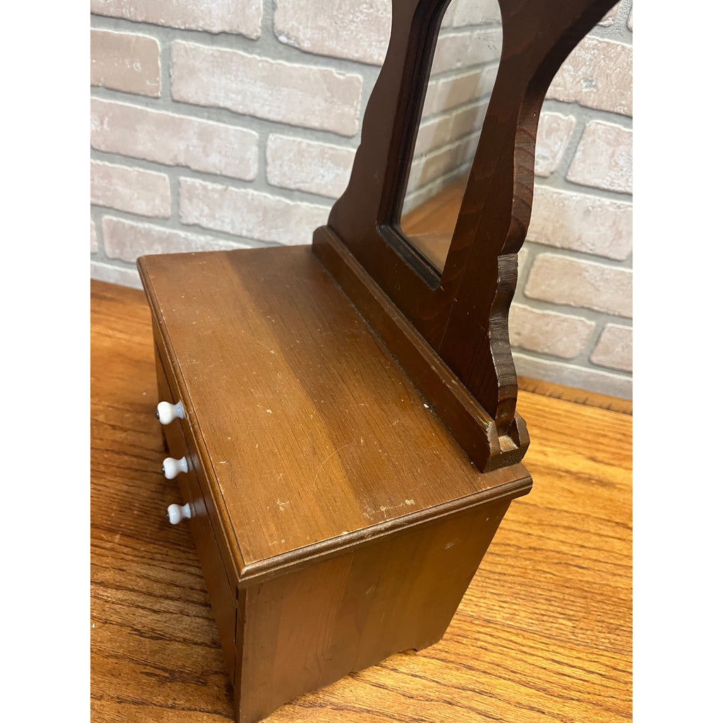 Vintage Miniature Wooden Jewelry Chest Dresser Mirror 3 Drawer Trinket Cabinet