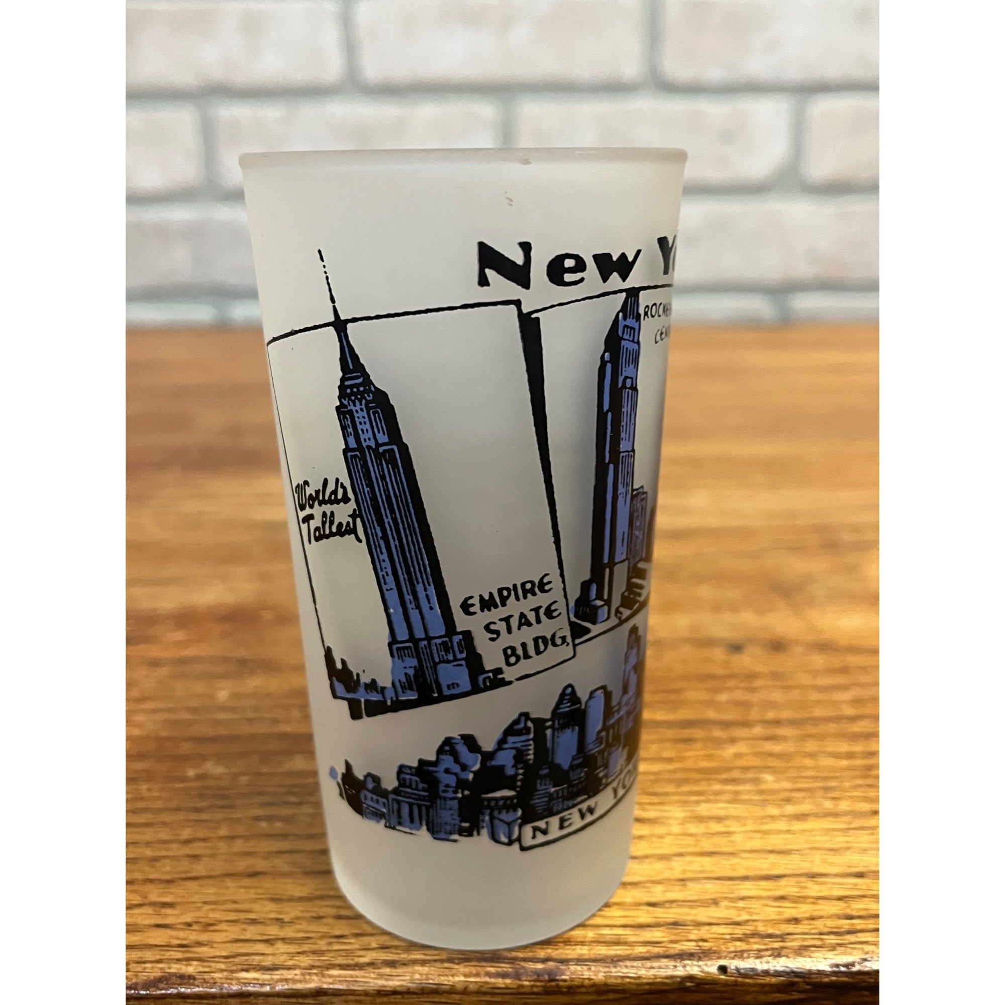 Vintage Frosted Drinking Glass New York City Attractions Hazel Atlas Statue of Liberty Empire State Building