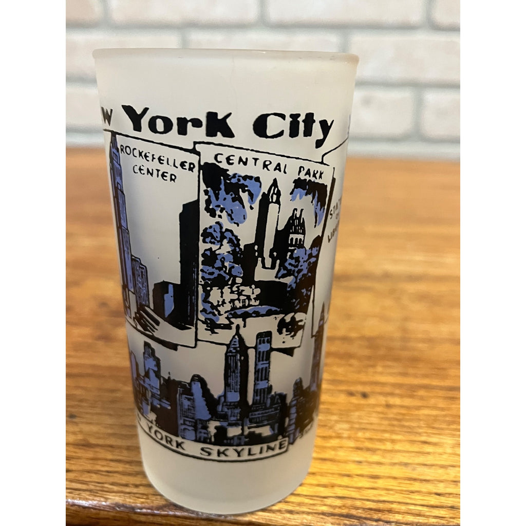 Vintage Frosted Drinking Glass New York City Attractions Hazel Atlas Statue of Liberty Empire State Building