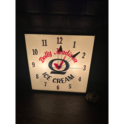 Vintage 1950s Dolly Madison Ice Cream Lighted Advertising Clock Sign