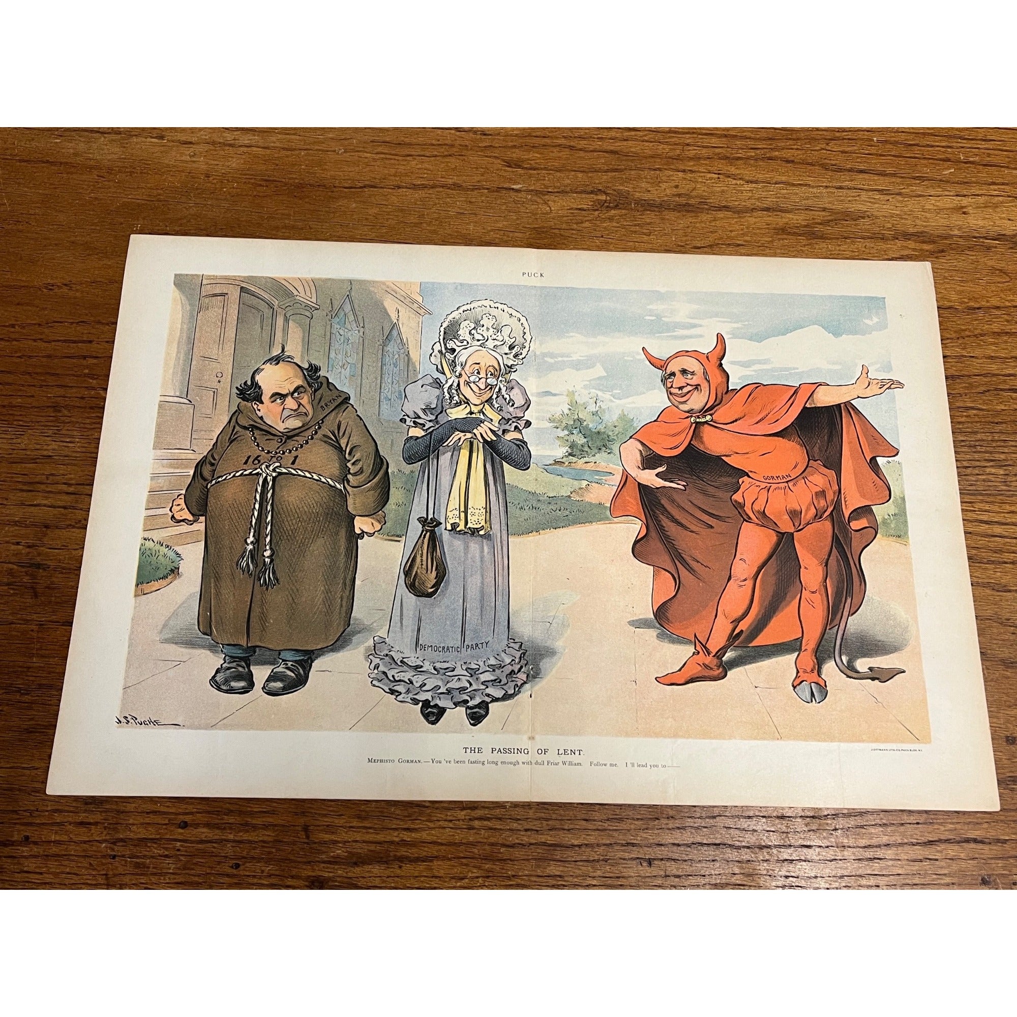Vintage PUCK "Passing of Lent" William Jennings Bryan Political Cartoon Litho