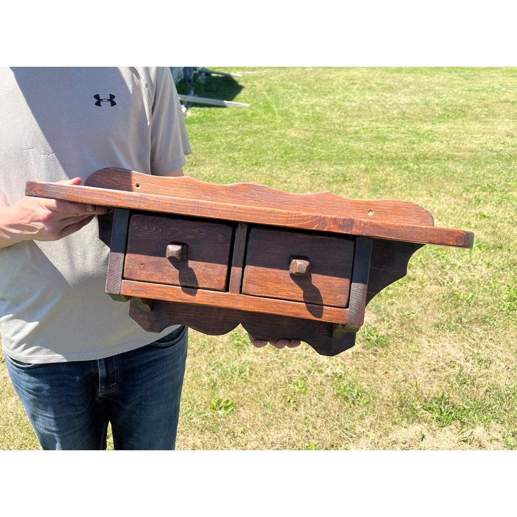 Primitive Farmhouse Wall Shelf Cabinet 2 Drawer Hanging Spice Cupboard Country Pine