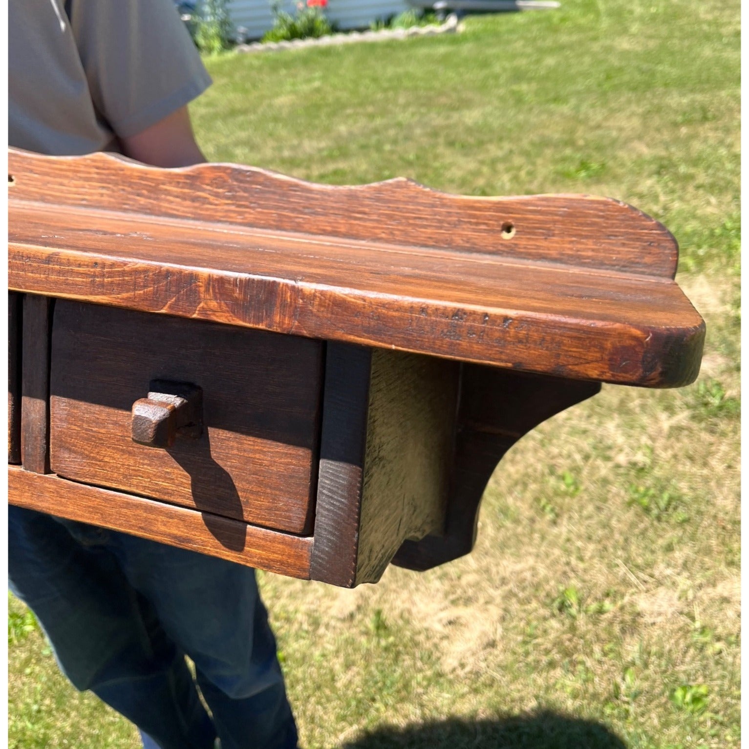 Primitive Farmhouse Wall Shelf Cabinet 2 Drawer Hanging Spice Cupboard Country Pine