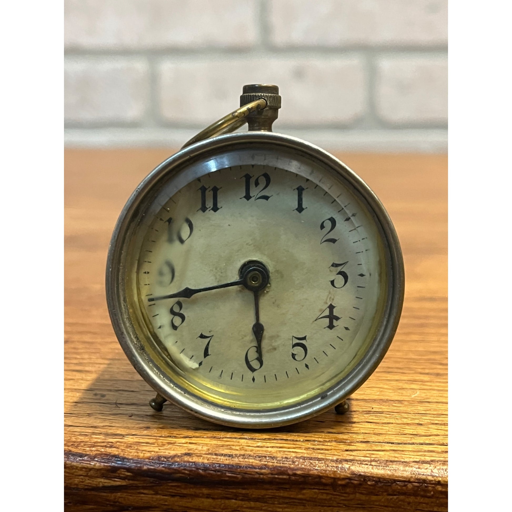 Antique Patent 1885 Miniature Nickel-Plated Brass Alarm Clock Western Bevel Glass