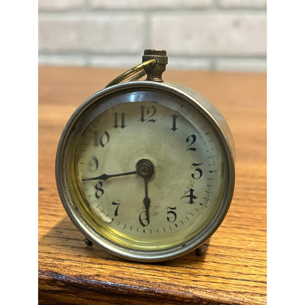 Antique Patent 1885 Miniature Nickel-Plated Brass Alarm Clock Western Bevel Glass