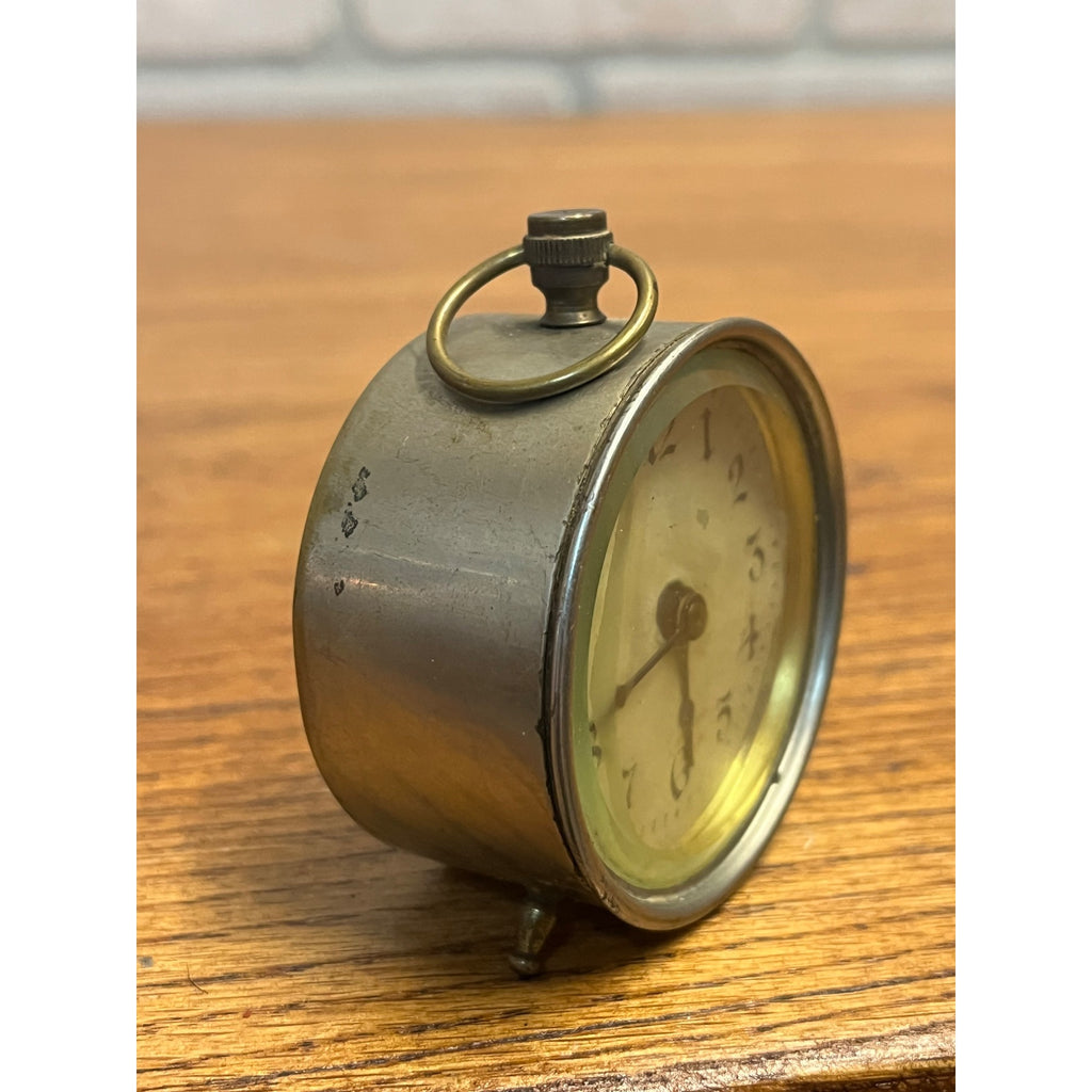 Antique Patent 1885 Miniature Nickel-Plated Brass Alarm Clock Western Bevel Glass