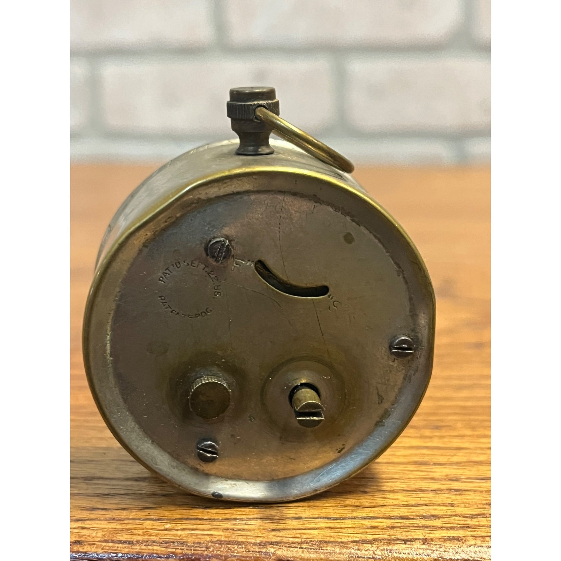 Antique Patent 1885 Miniature Nickel-Plated Brass Alarm Clock Western Bevel Glass