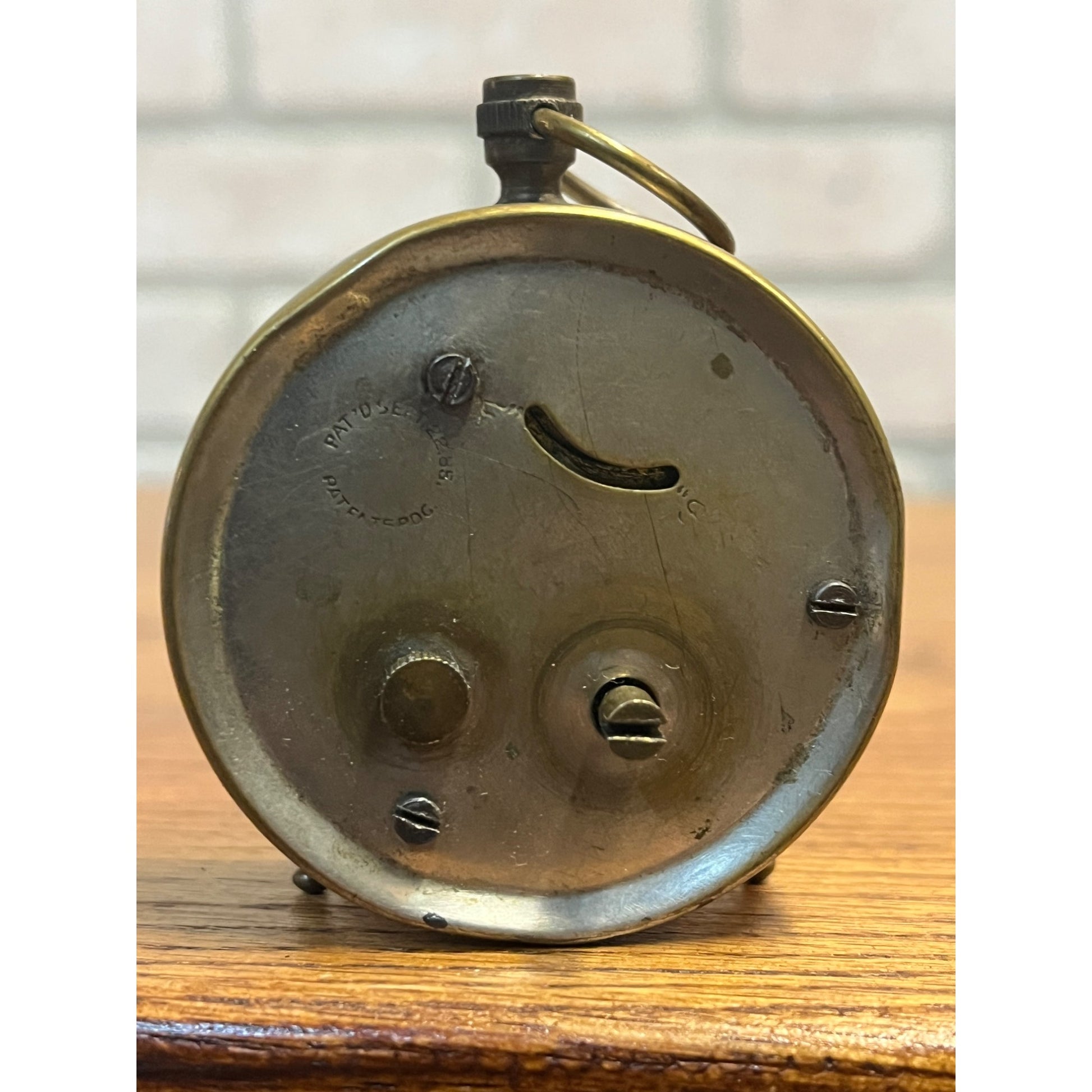 Antique Patent 1885 Miniature Nickel-Plated Brass Alarm Clock Western Bevel Glass