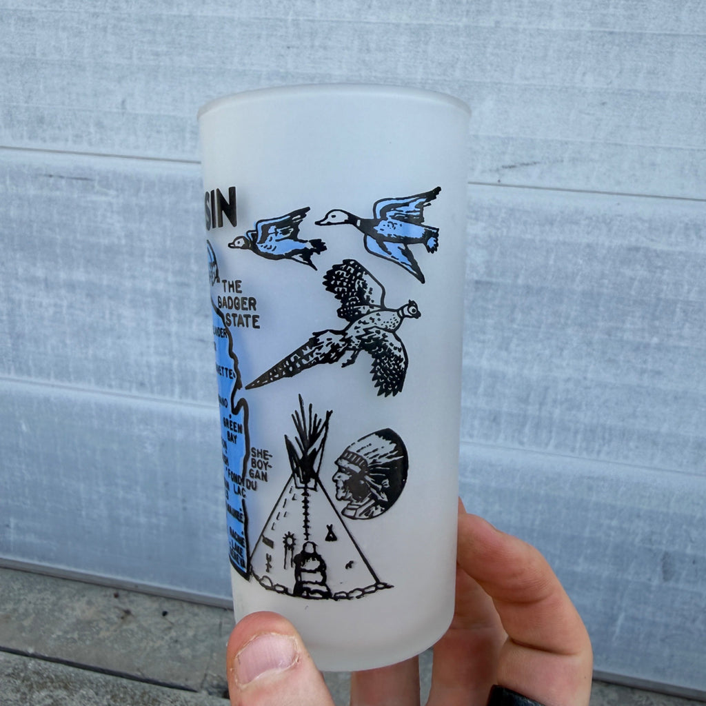 Vintage Hazel Atlas Wisconsin Frosted State Souvenir Glass 5" Tumbler MCM