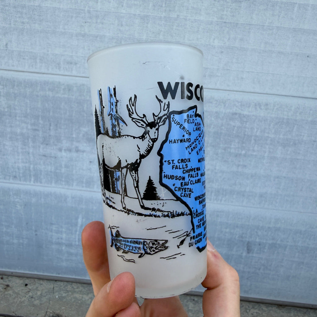 Vintage Hazel Atlas Wisconsin Frosted State Souvenir Glass 5" Tumbler MCM
