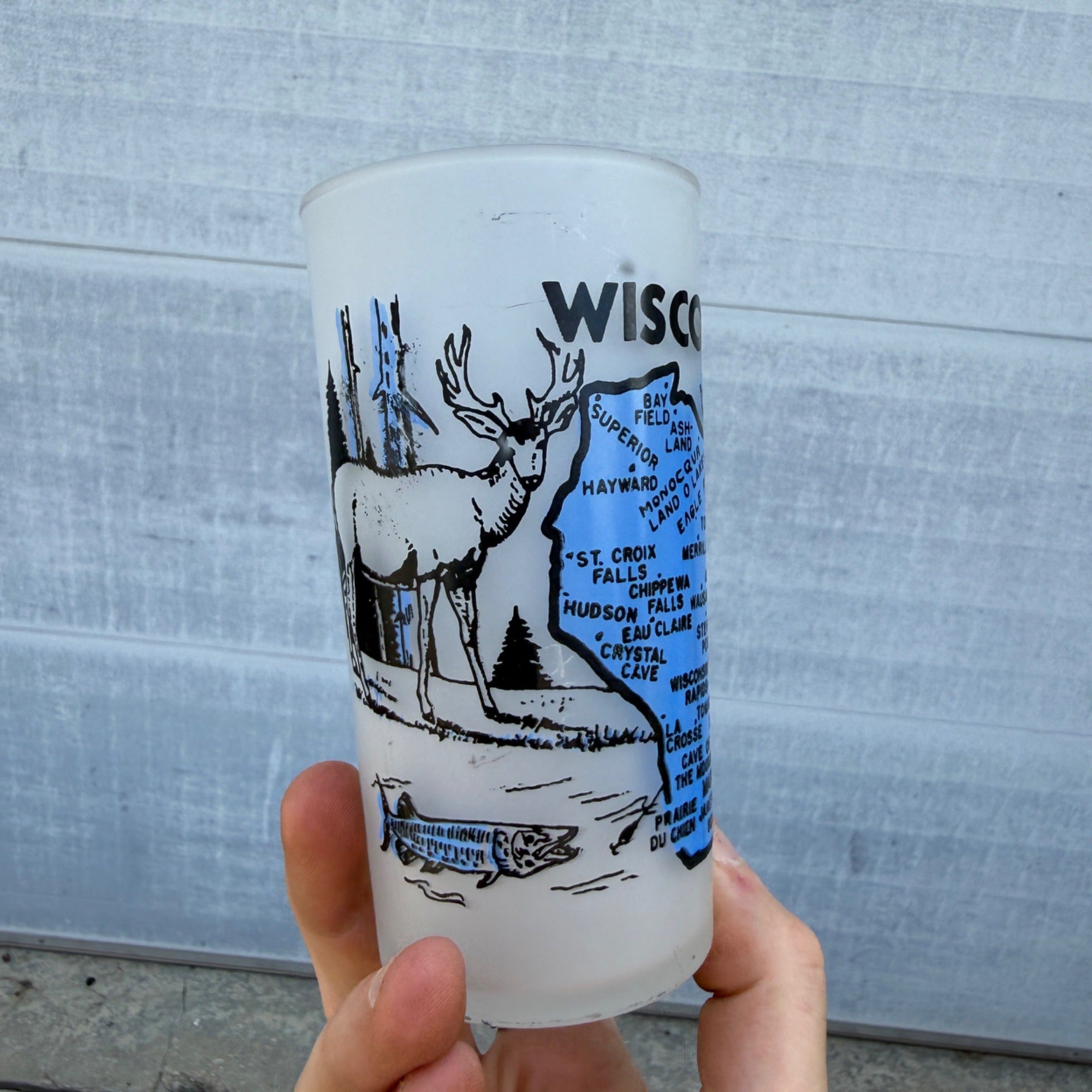 Vintage Hazel Atlas Wisconsin Frosted State Souvenir Glass 5" Tumbler MCM