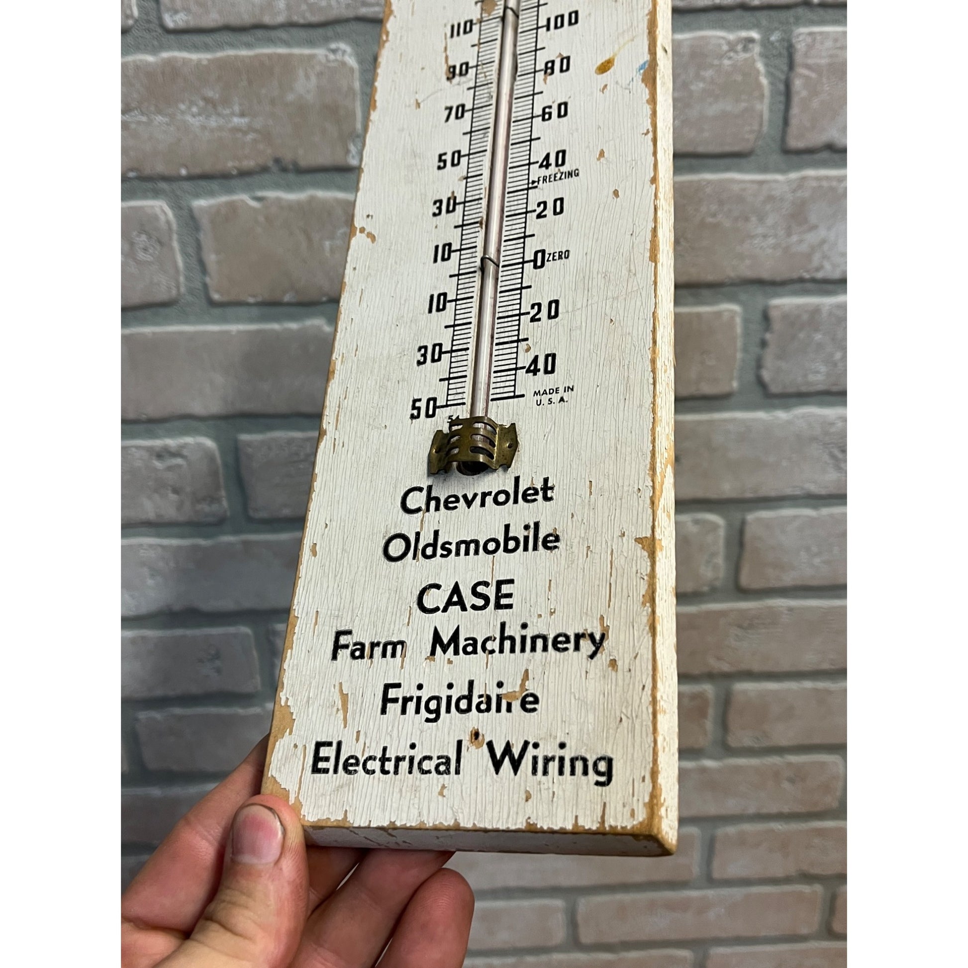 Vintage Early Wooden Advertising Thermometer Sign Chevy Oldsmobile Case Farm Machinery +