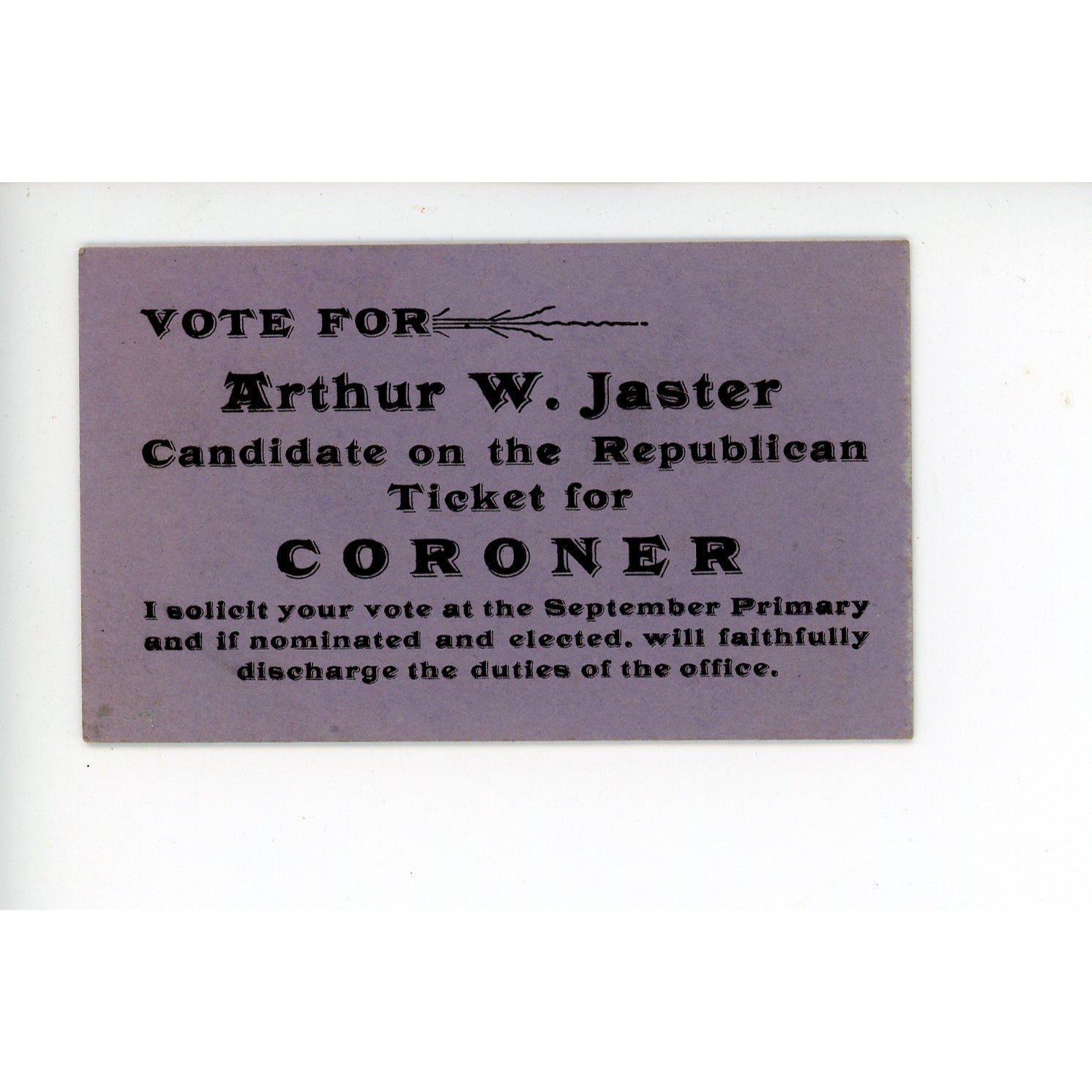 Antique Arthur Jaster Wisconsin Coroner Republican Call Card Business