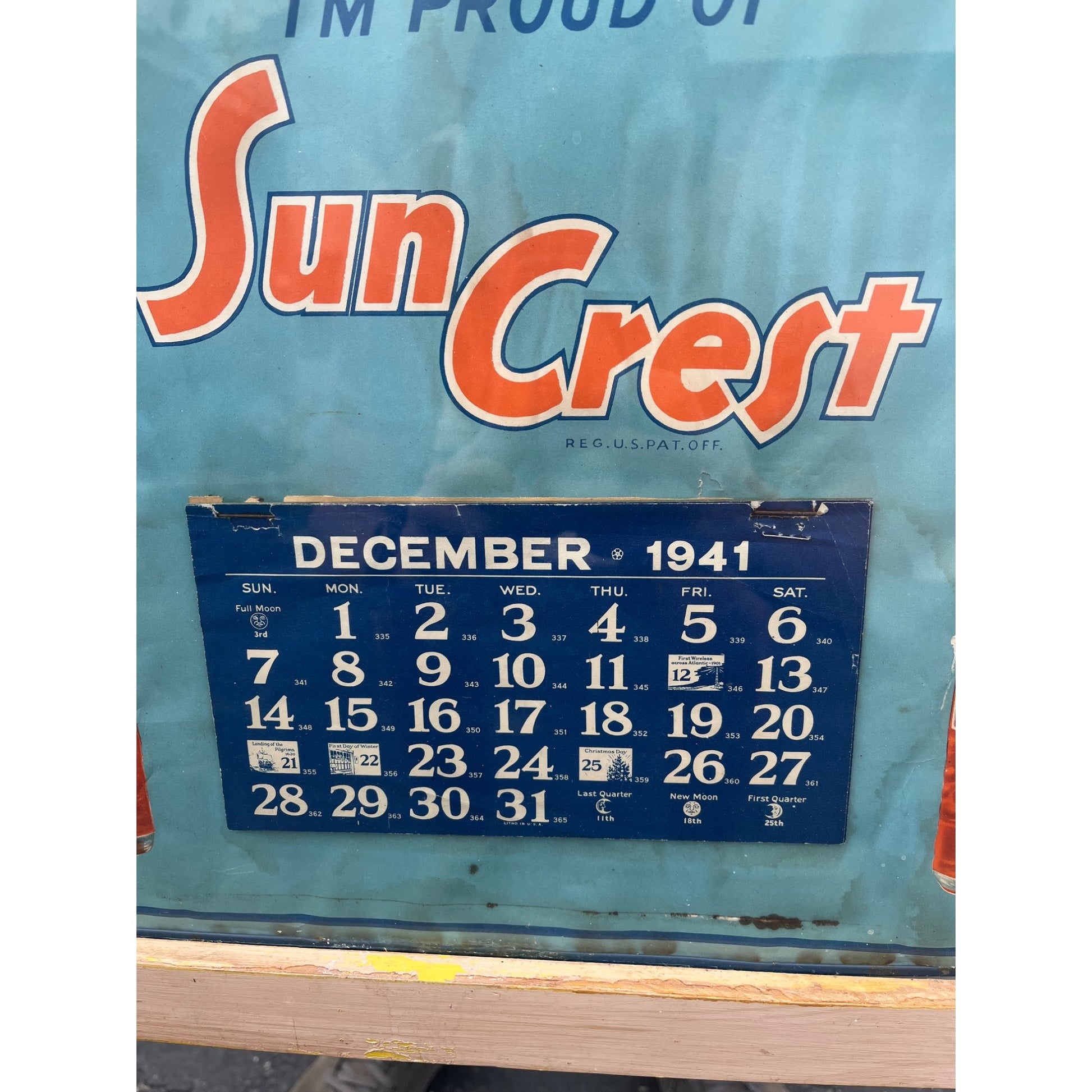 Vintage 1941 Sun Crest Suncrest Soda Advertising Calendar Sign