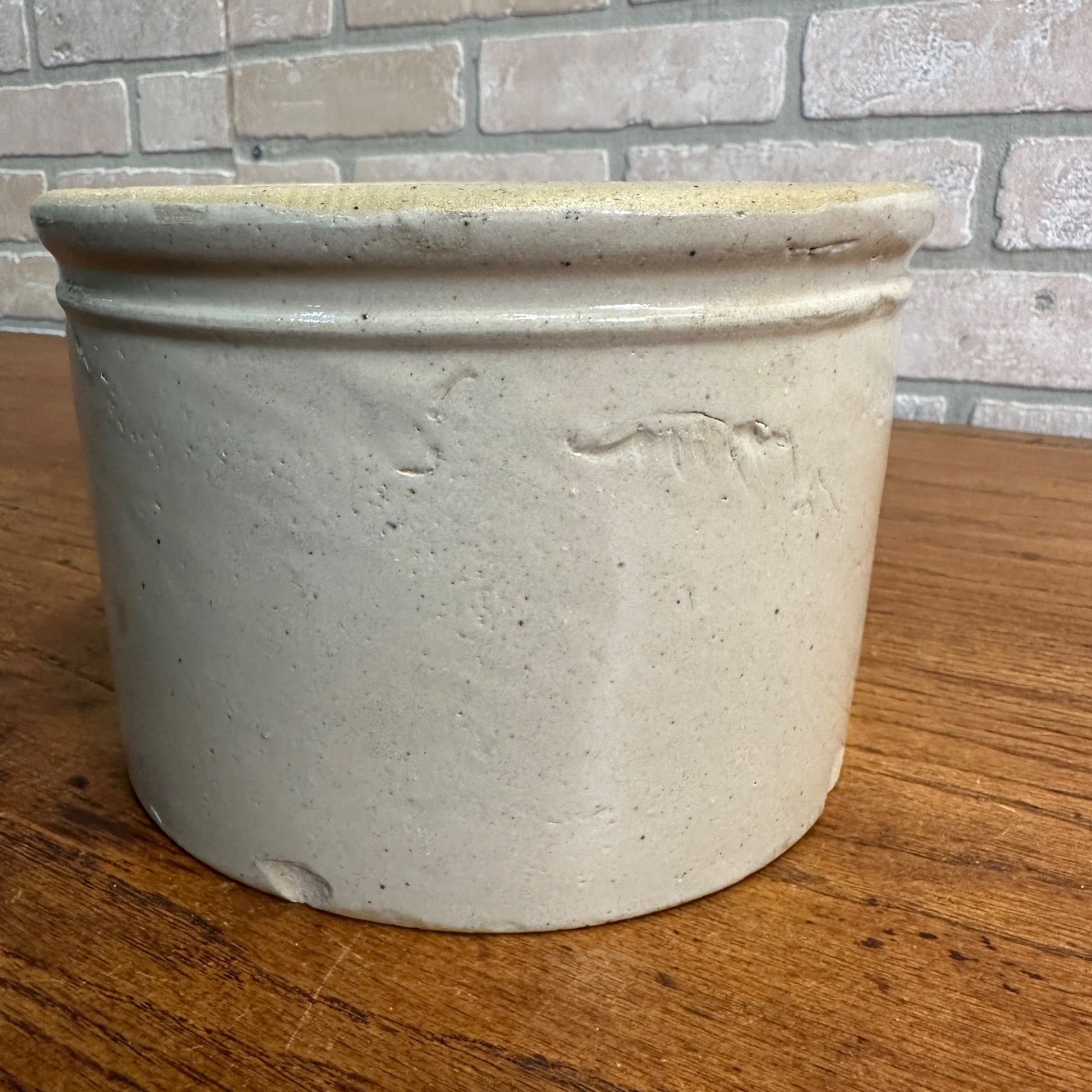 Vintage Stoneware White Glaze Butter Kitchen Crock 7-1/4"Dia x 5" tall Primitive