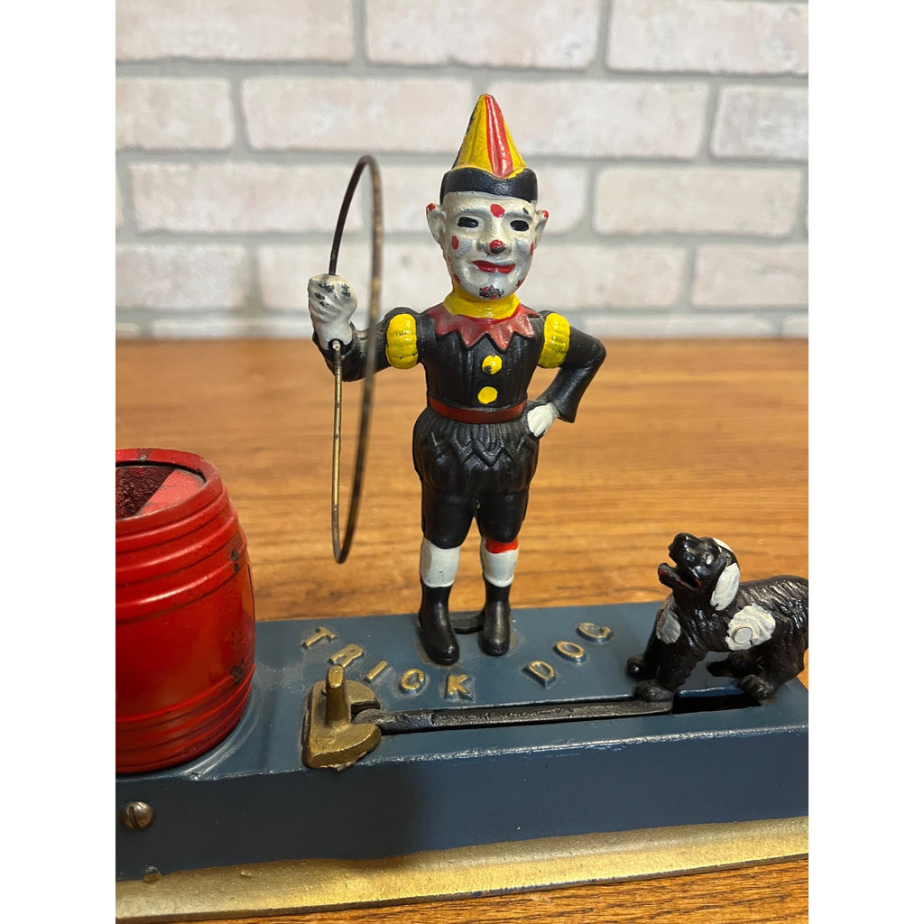 1930 Hubley Trick Dog Cast Iron Mechanical Coin Bank Jester Clown - Works