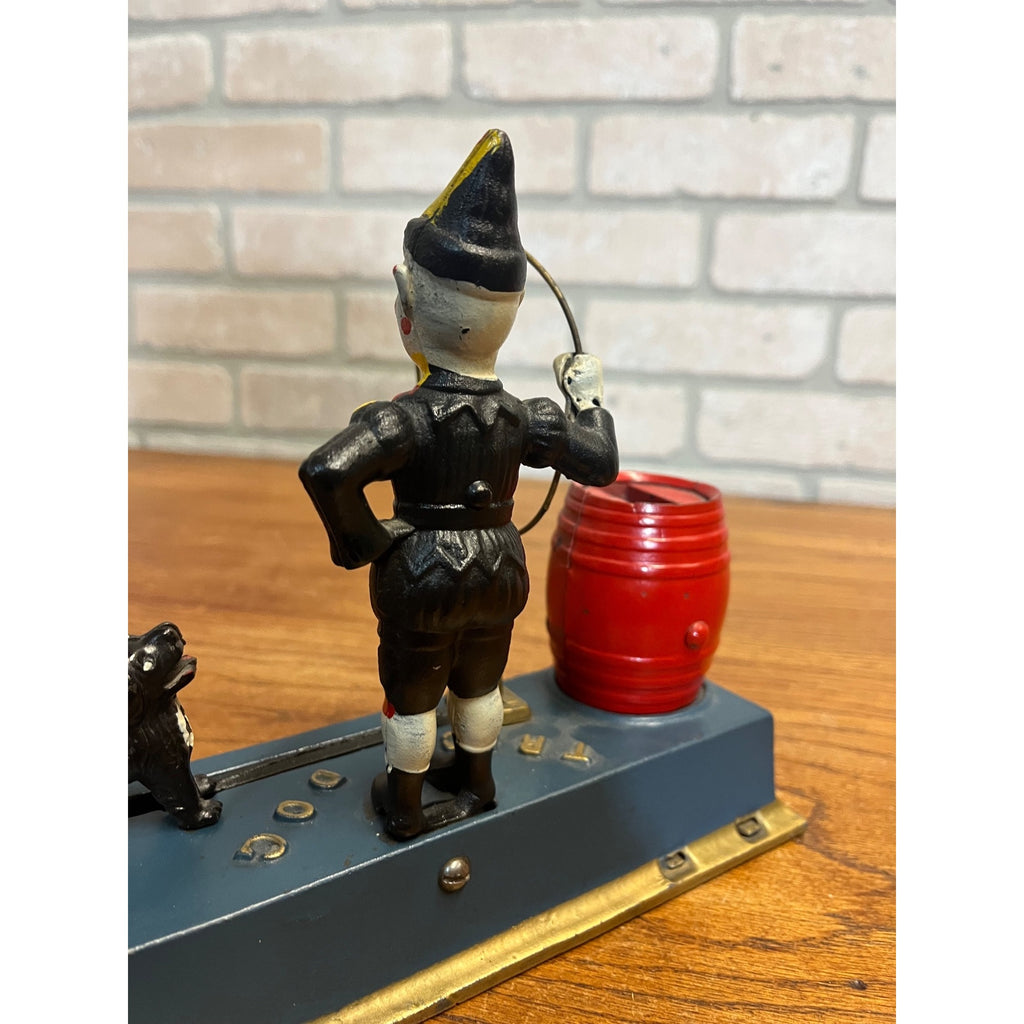 1930 Hubley Trick Dog Cast Iron Mechanical Coin Bank Jester Clown - Works