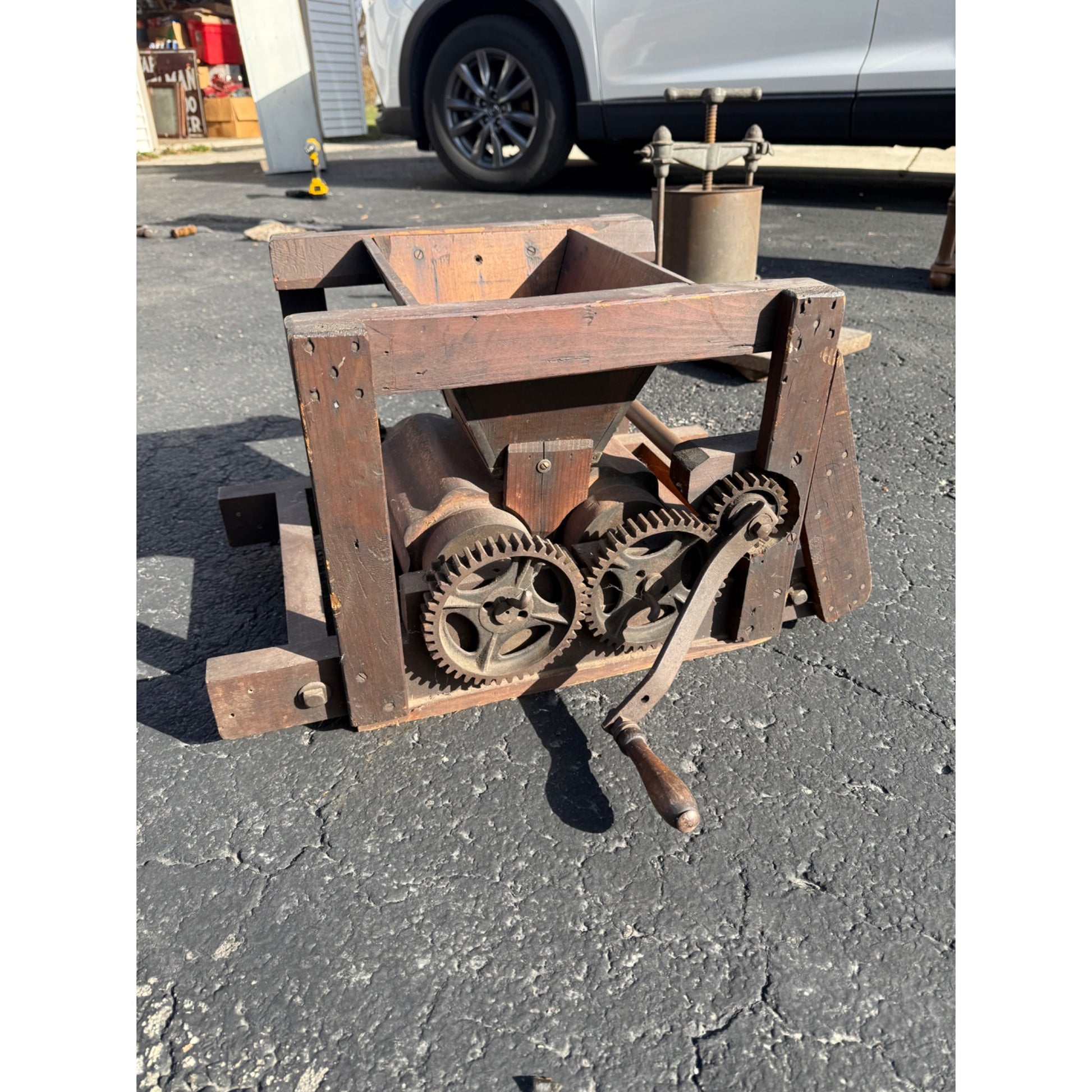 Antique Primitive Apple Cider Press Grinder Farm Tool Hand Crank