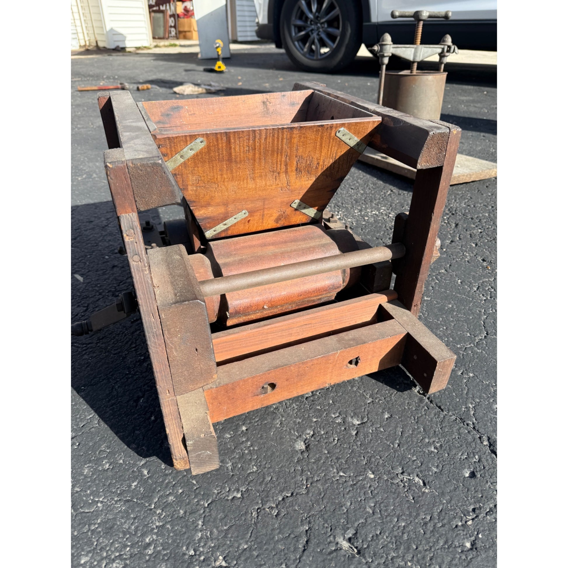 Antique Primitive Apple Cider Press Grinder Farm Tool Hand Crank