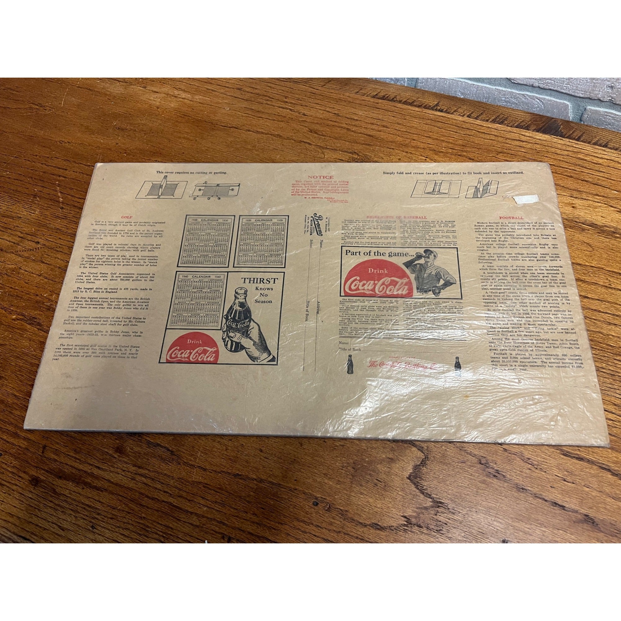 RARE Vintage 1937 Coca Cola Paper Advertising Book Cover Baseball - Browne