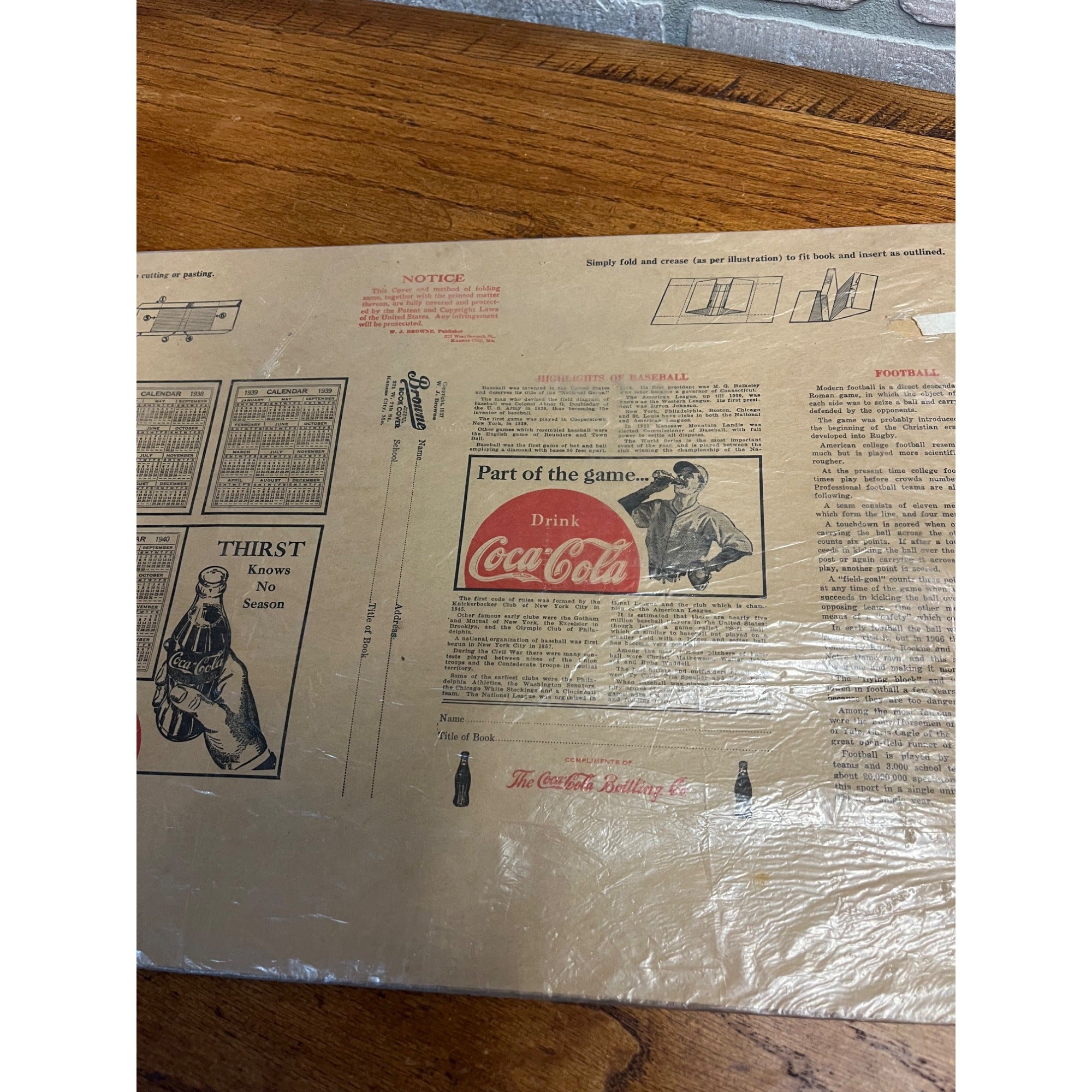 RARE Vintage 1937 Coca Cola Paper Advertising Book Cover Baseball - Browne