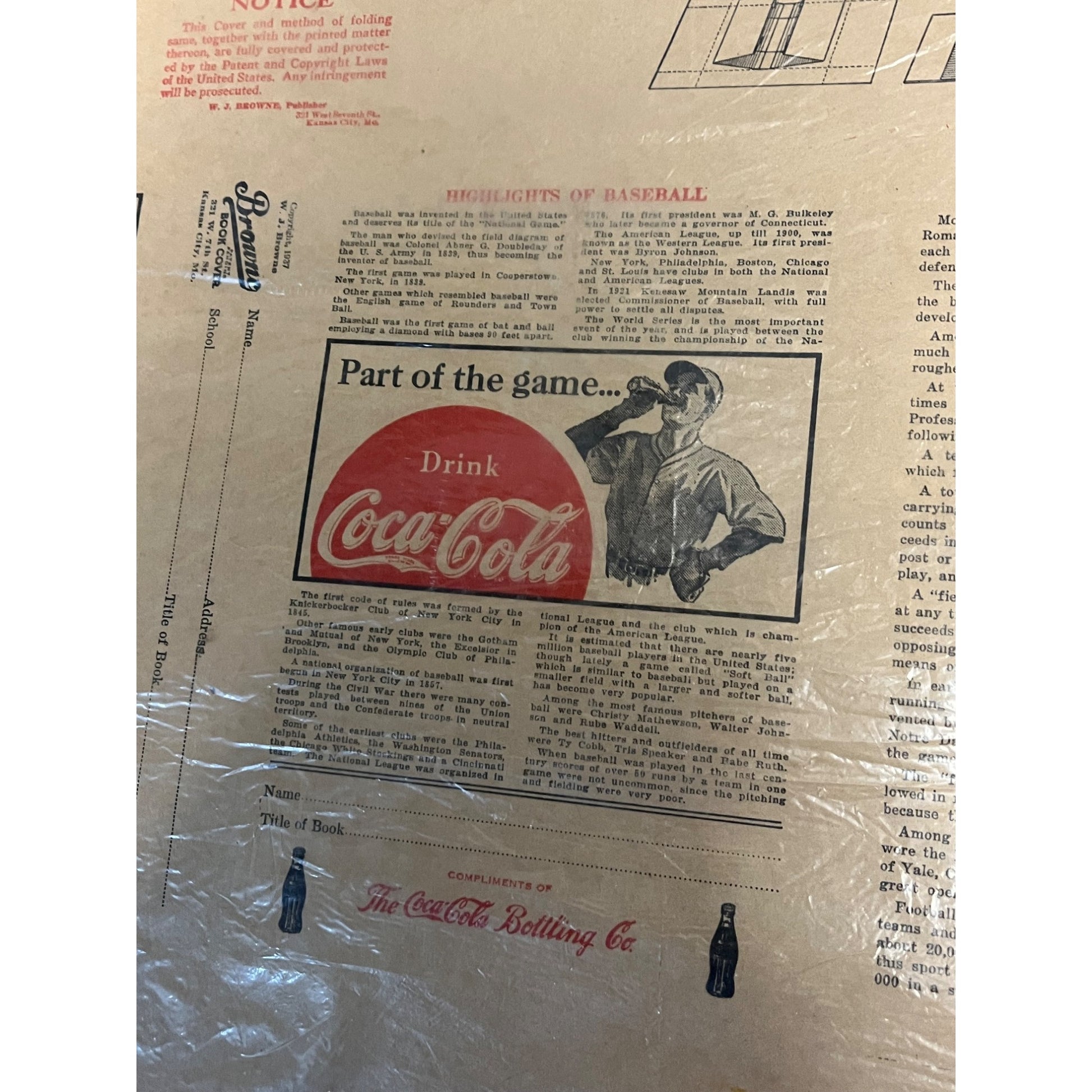 RARE Vintage 1937 Coca Cola Paper Advertising Book Cover Baseball - Browne