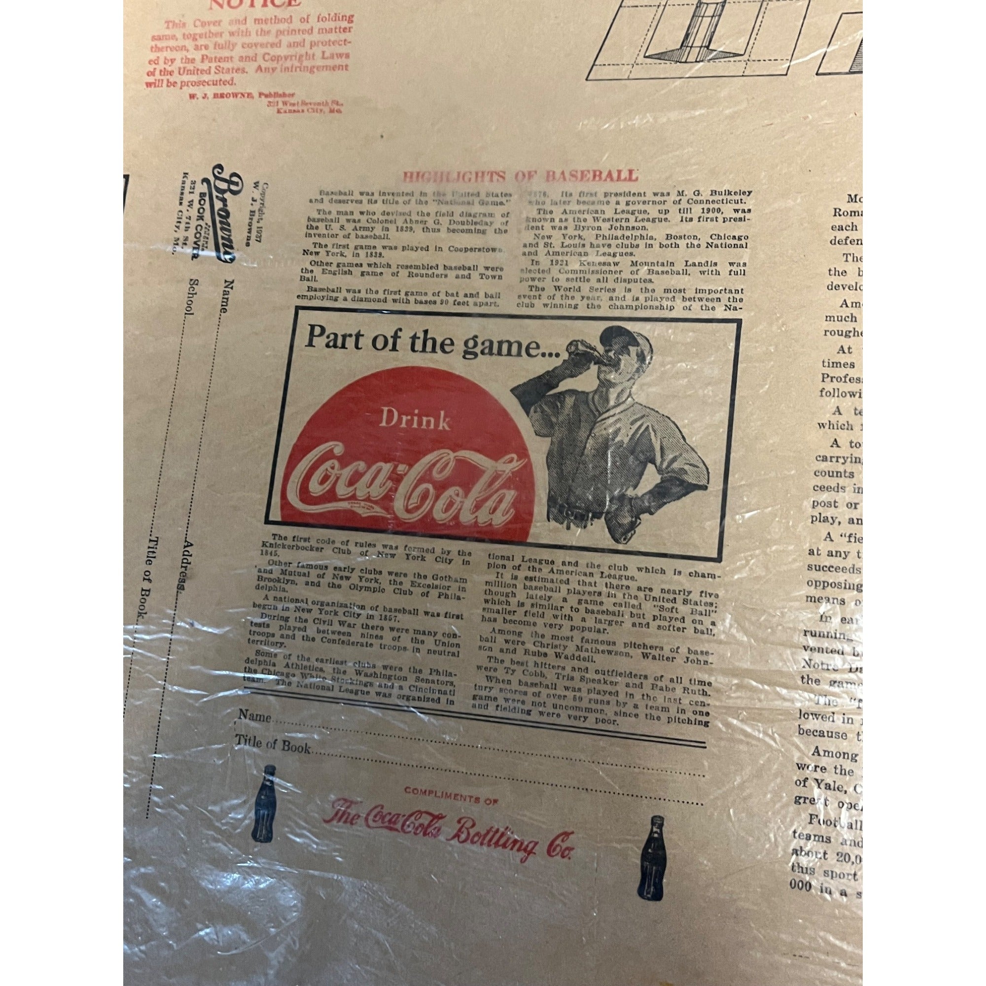 RARE Vintage 1937 Coca Cola Paper Advertising Book Cover Baseball - Browne