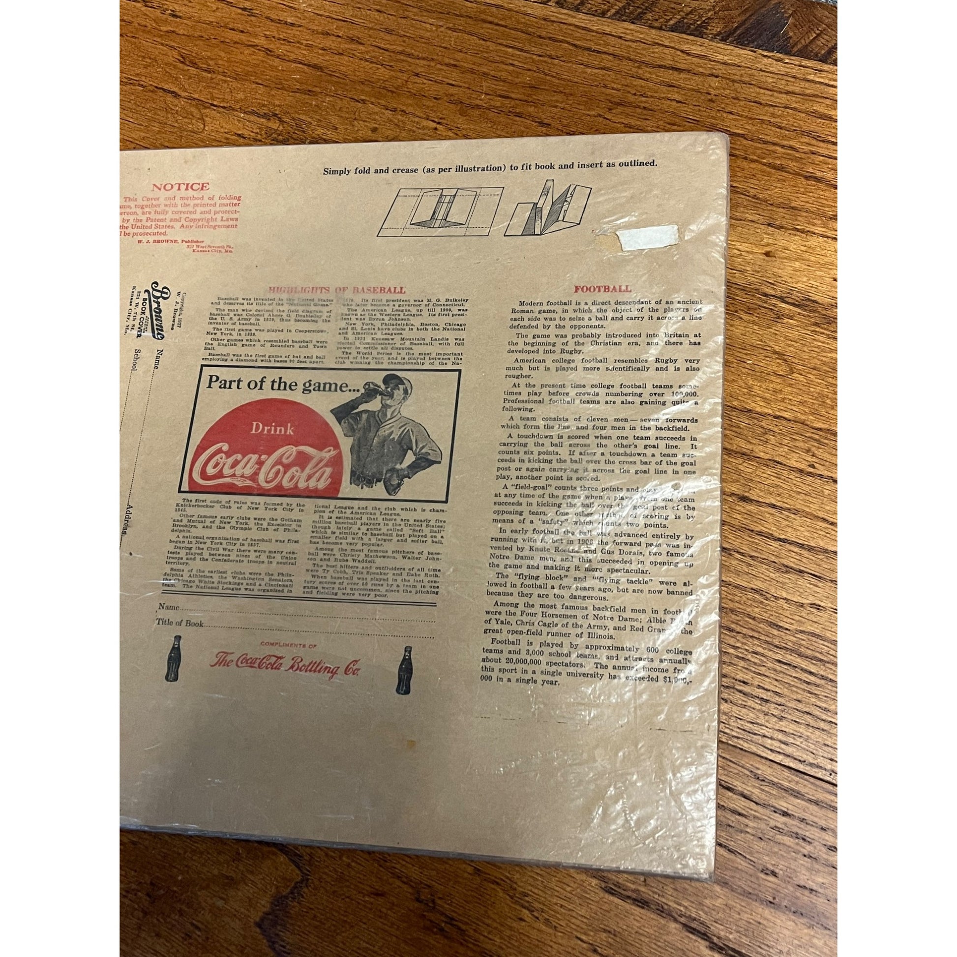 RARE Vintage 1937 Coca Cola Paper Advertising Book Cover Baseball - Browne