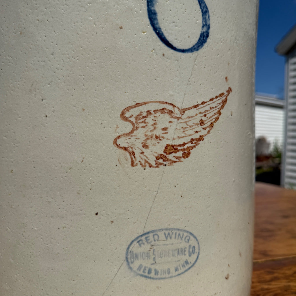 Antique Red Wing 6 Gallon Stoneware Crock Brown Wing Blue 6 Minnesota Crock