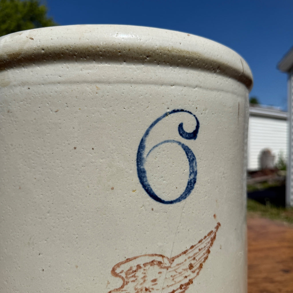 Antique Red Wing 6 Gallon Stoneware Crock Brown Wing Blue 6 Minnesota Crock
