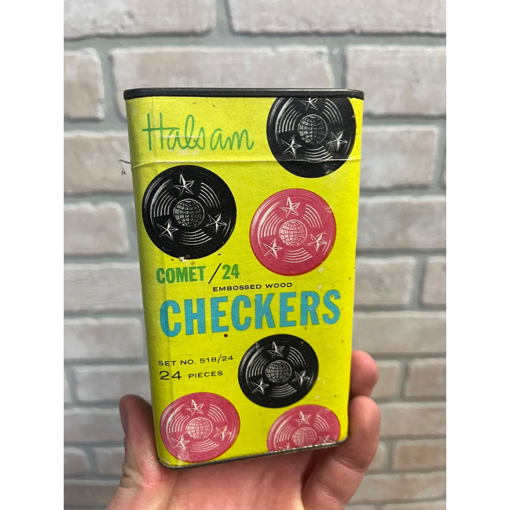 Vintage 1950s Halsam Comet Checkers Embossed Wood Unopened NOS Box Can