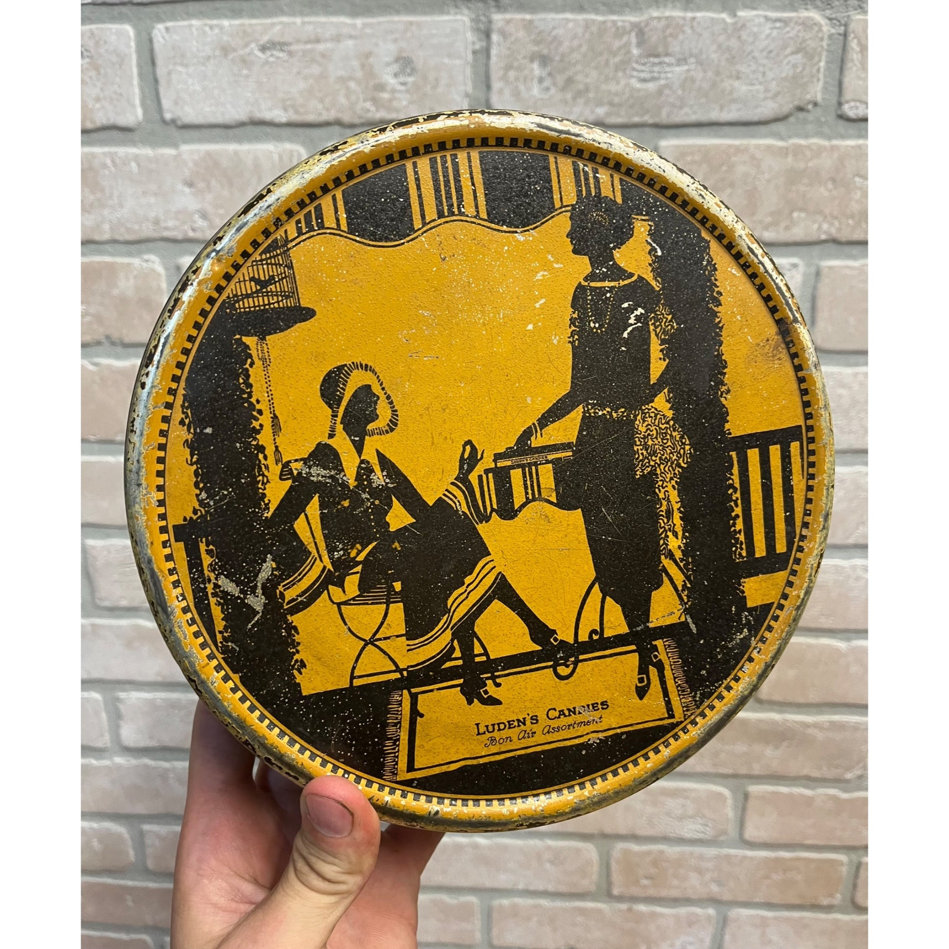 Vintage 1930s Luden's Candies Art Deco Candy Container Tin Advertising Litho
