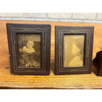 Antique Victorian Faux Leather Picture Frames w/ Old Photos Brown & Gold 3.5x4.5