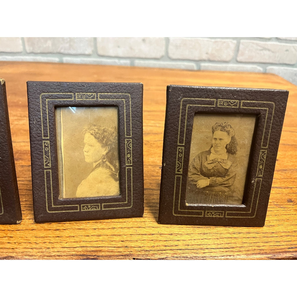 Antique Victorian Faux Leather Picture Frames w/ Old Photos Brown & Gold 3.5x4.5