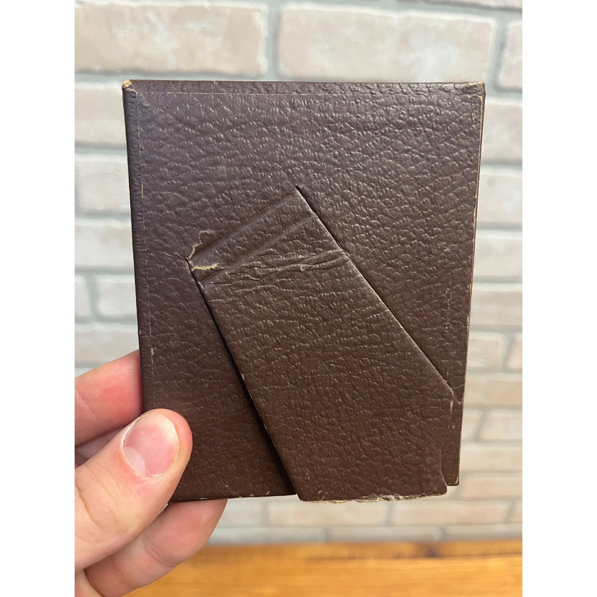 Antique Victorian Faux Leather Picture Frames w/ Old Photos Brown & Gold 3.5x4.5