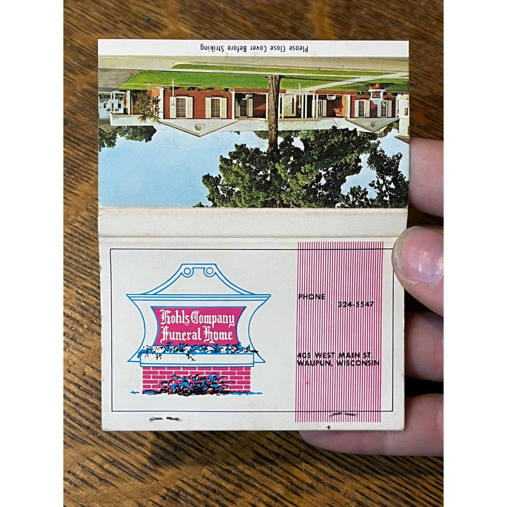 Vintage Full Matchbook Advertising - Kohls Company Funeral Home - Waupun, Wis.
