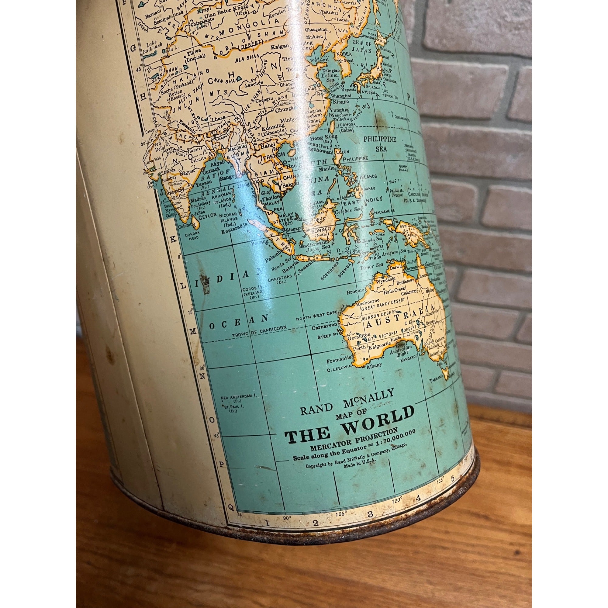 Vintage Weibro Metal Child's World Map Globe McNally Trash Can Waste Basket